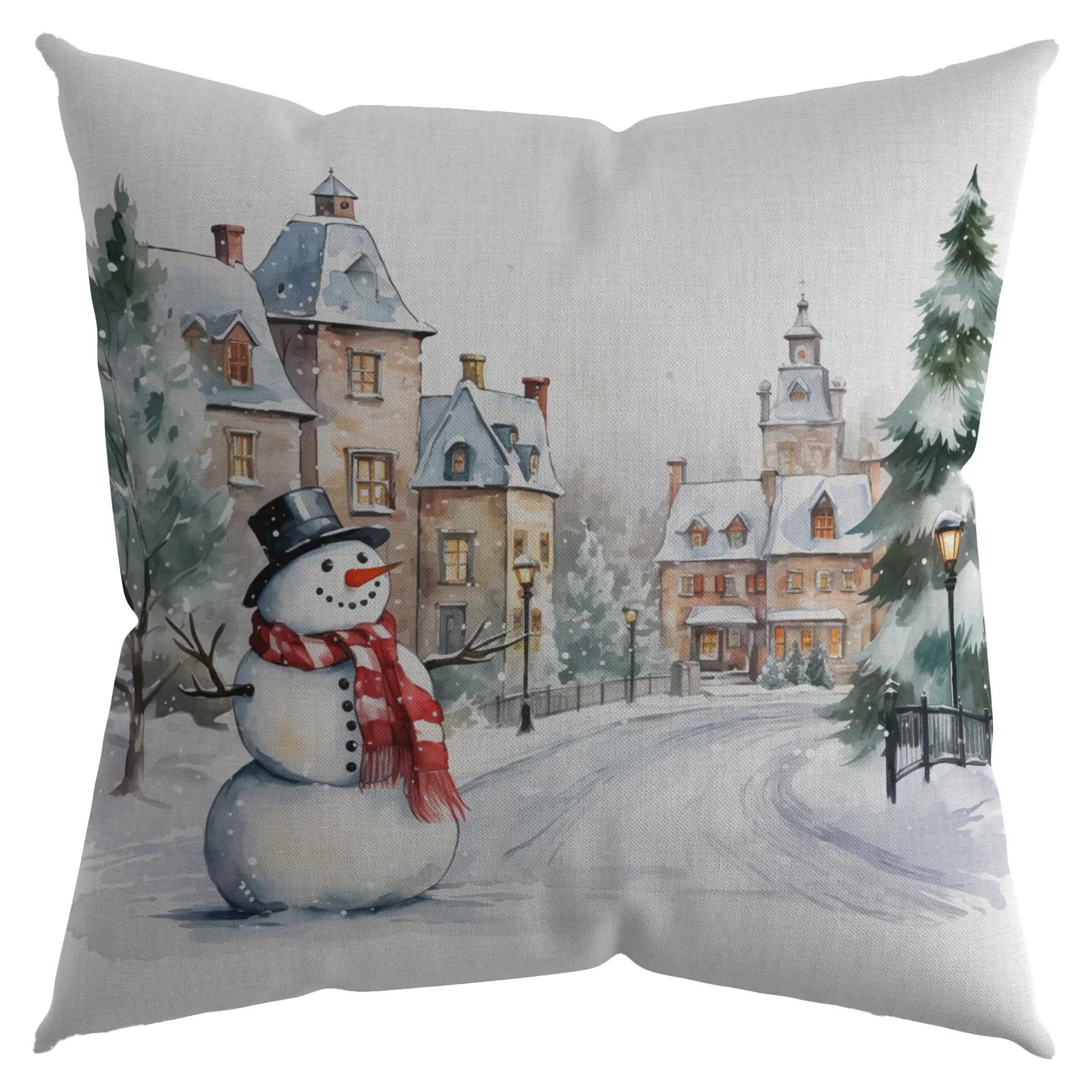 

Рождественская наволочка с акварельным рисунком лося, снеговика, дерева, камина, наволочка для диванной подушки, новогодний декор для дома 30x30CM(12x12in)