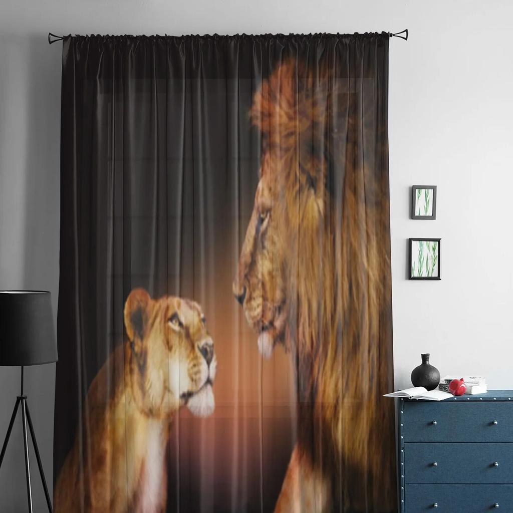 Transparente Vorhänge aus Chiffon mit zwei Löwen, die sich gegenseitig angreifen, für Wohnzimmer, Schlafzimmer, Dekoration, Fenster, Tüllvorhänge