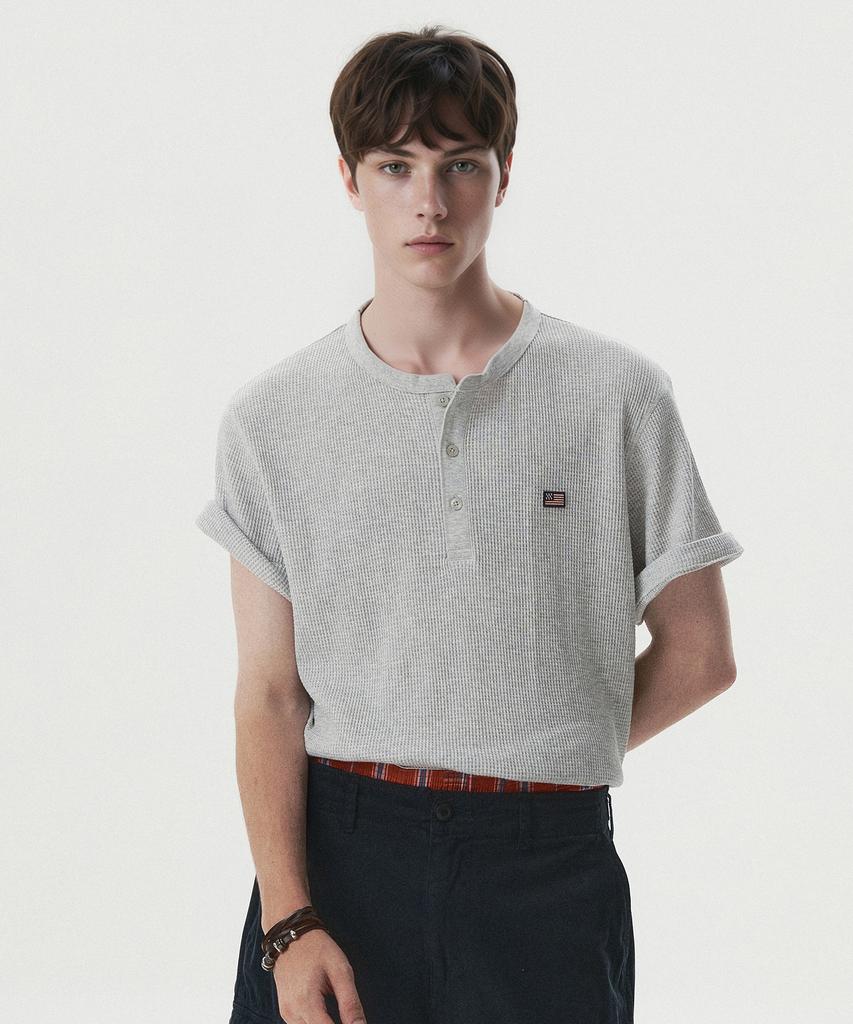 WHO.A.U Waffle Henley Short Sleeve T-Shirt / Whrag3791U