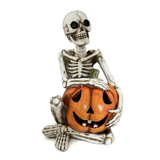 Halloween Skeleton Pumpkin Statue Spooky Pumpkin with Skull/Crow Sculpture Halloween Indoor Resin Ornament for Home Office Desk Decor