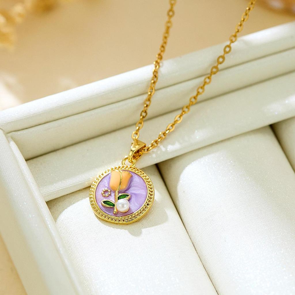 French Retro Enamel Imitation Pearl Pendant Necklace for Women