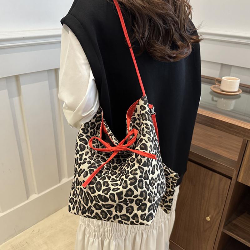 Korean Double Sided Leopard Print Bucket Shoulder Bag , Stylish Leopard Print Handbag for Women, Fashion Bow Large Capacity Crossbody Bag