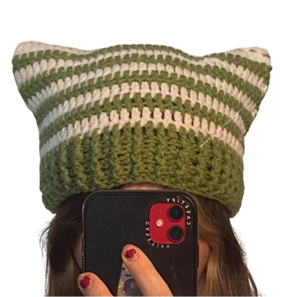 Fashion Beanie Hat for Women Girls Cat Ear Knit Hat Lovely Anime Skull Hat Y2K Moom Crochet Bonnet Hat Punk Headdress