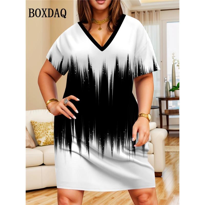 Gradient Dresses Summer Elegant Women'S Clothing Fashion Print Short Sleeves Loose Dress Plus Size Casual V-Neck Party Dress