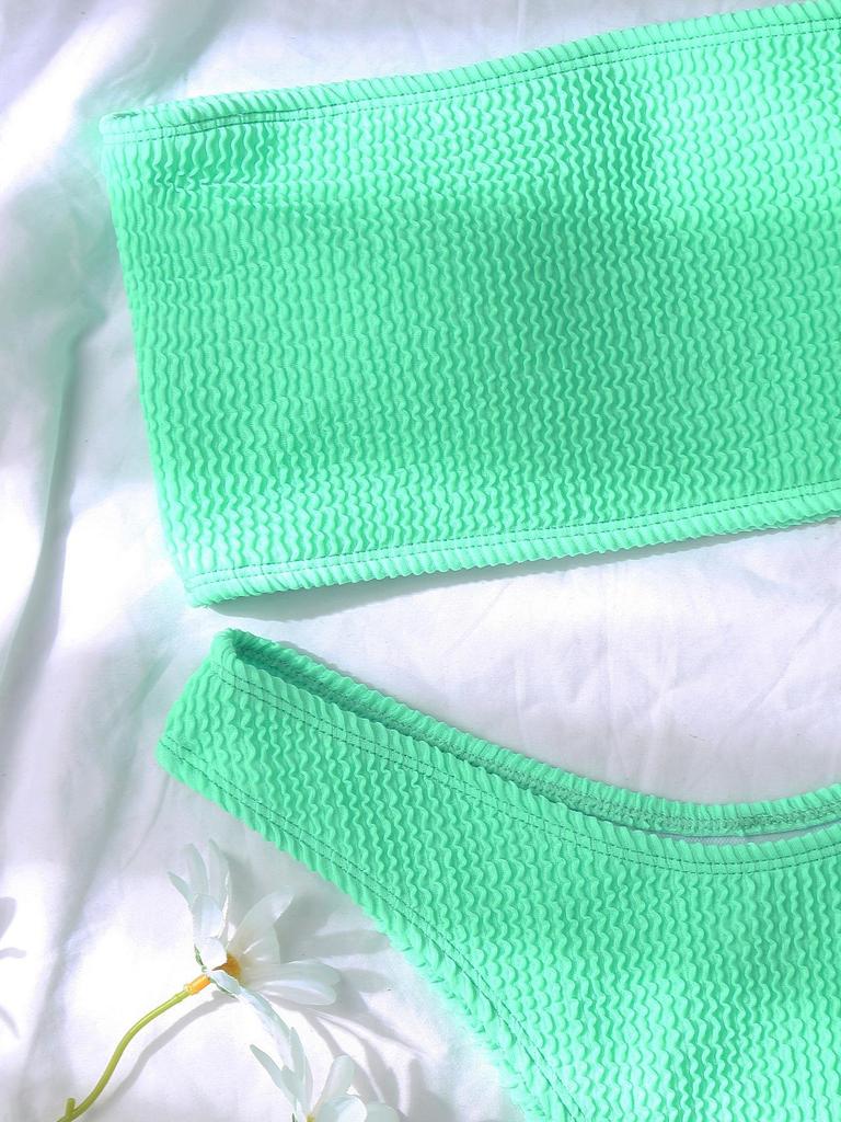 Solid Color Crinkle Bandeau High Waist Bikini Set