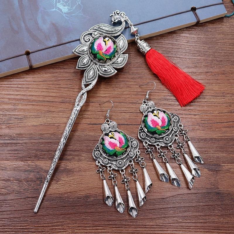 Vintage embroidery earrings hairpin classical temperament Miao peacock flower fringed earrings hair accessories set women