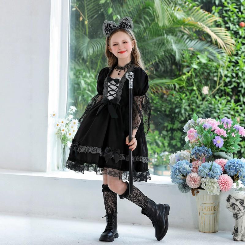 Halloween Witch Costume Girls Lace Dress With Headpiece Necklace Socks Cane Cosplay Outfit Party Performance