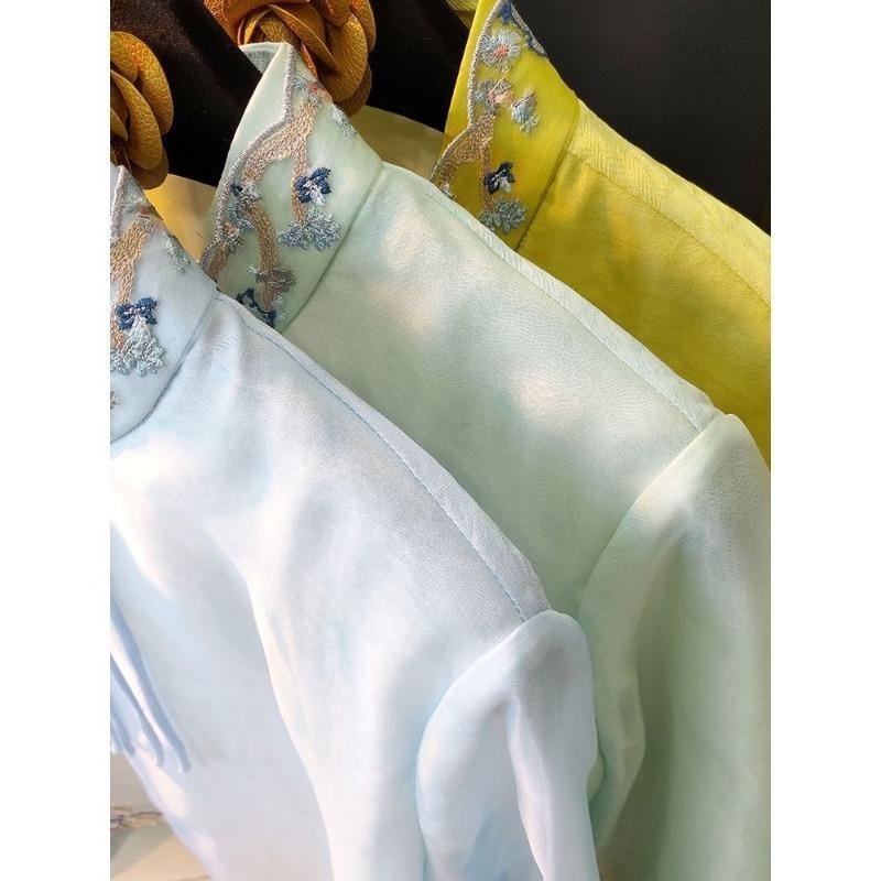 Top Corto de Bordado Vintage con Botón y Camisa de Seda Sintética para Mujer