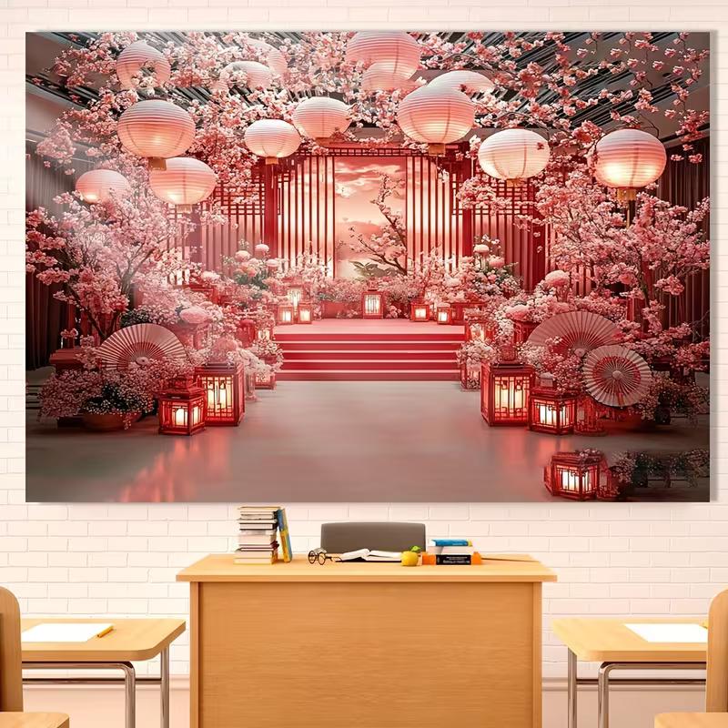 2D Red Lantern & Cherry Blossom Print Backdrop for Chinese Wedding Celebrations