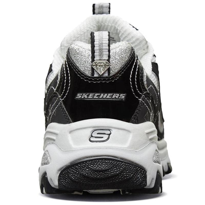Skechers D'LITES 1.0 Women Panda Shoes 10th Anniversary Diamond Print Thick Sole Height Boost Low Top Sneakers Black White 12241-BKW