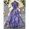 French Style Elegant Dress Women 2025 New Retro Lace Stitching Waist Hugging Temperament Print Frill Long Skirt