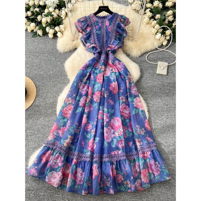 French Style Elegant Dress Women 2025 New Retro Lace Stitching Waist Hugging Temperament Print Frill Long Skirt