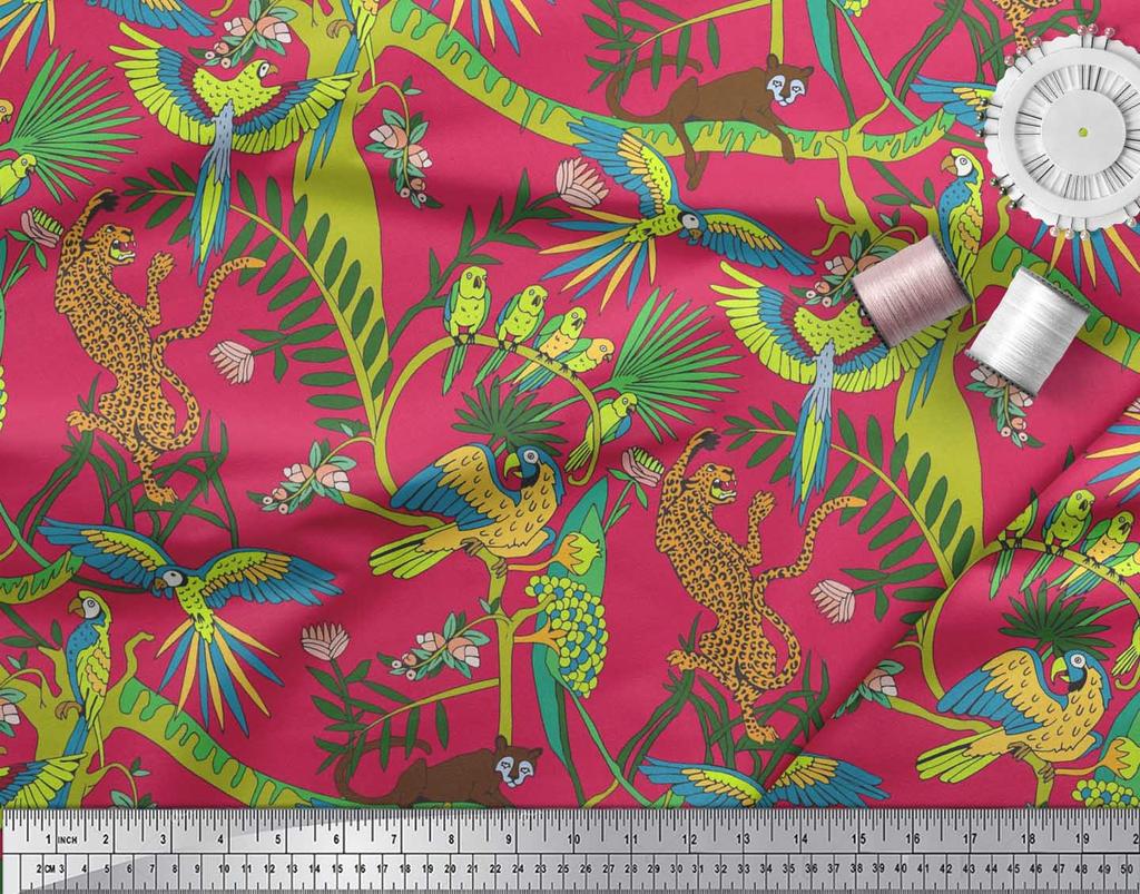 Soimoi Japan Crepe Satin Fabric Branches,Parrot & Leopard Jungle Print Fabric by the metre 42 Inch