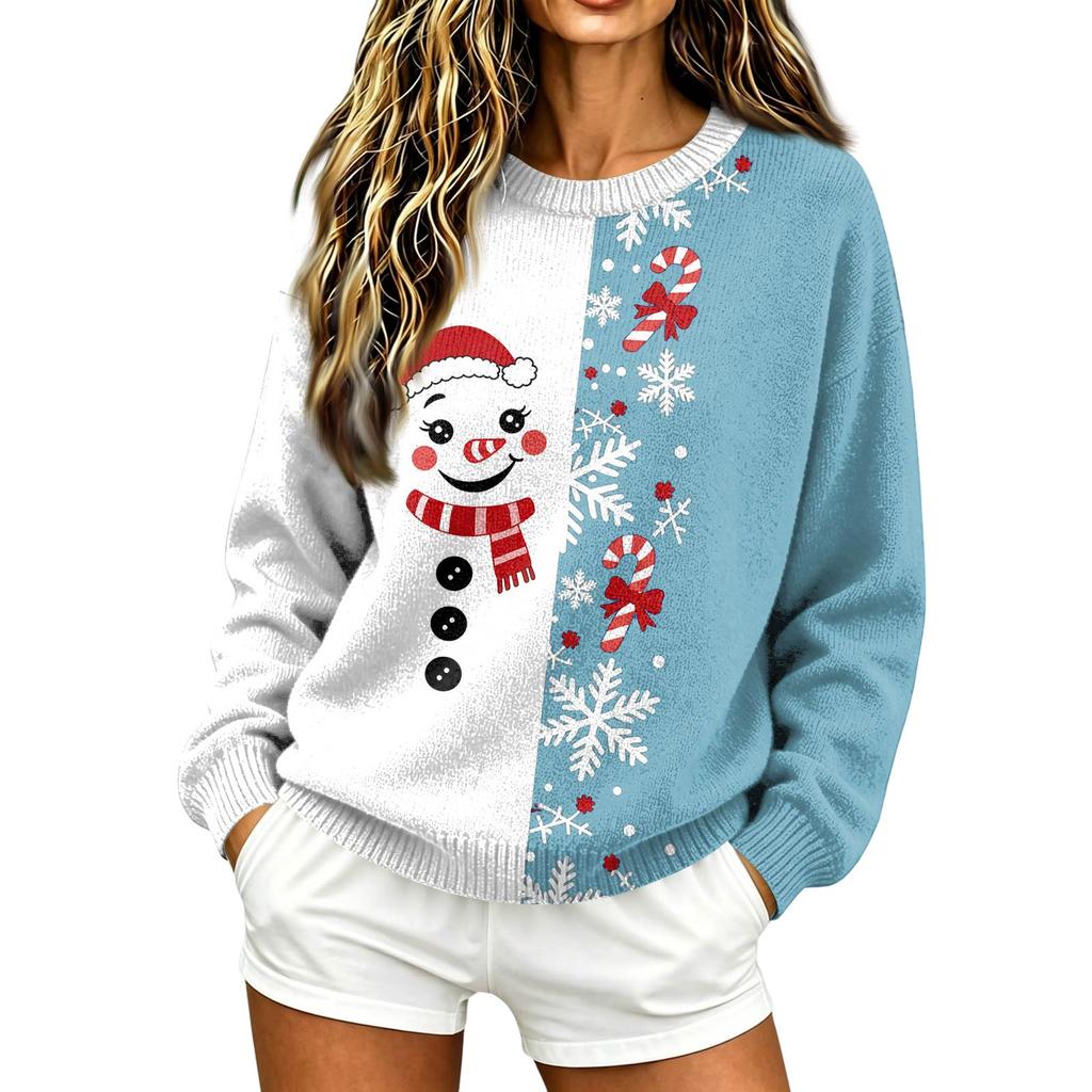 Women's Christmas Print Knit Pullover Sweater Long Sleeve Neck Casual Holiday Top