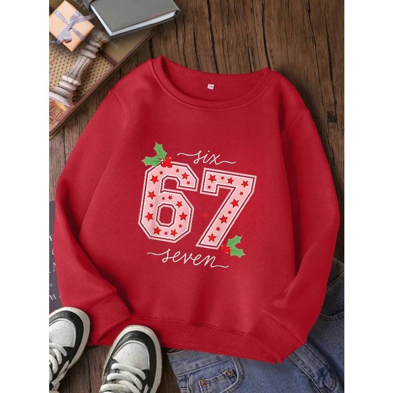 Kids Unisex Crewneck Sweatshirt, Christmas Holly Star 67 Six Seven Print Long Sleeve Pullover, Soft Casual Sweatshirt for Boys Girls Over 4 Years Old