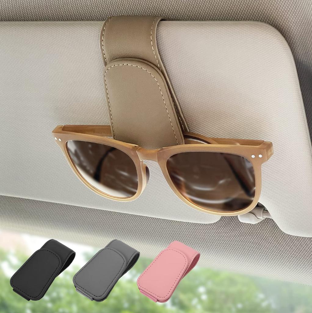 Ompellus Magnetic Leather Sunglasses Holder Eyeglass Hanger Clip for Car Sun Visor Suitable for Different Size Eyeglasses (Beige, 2 Pack)