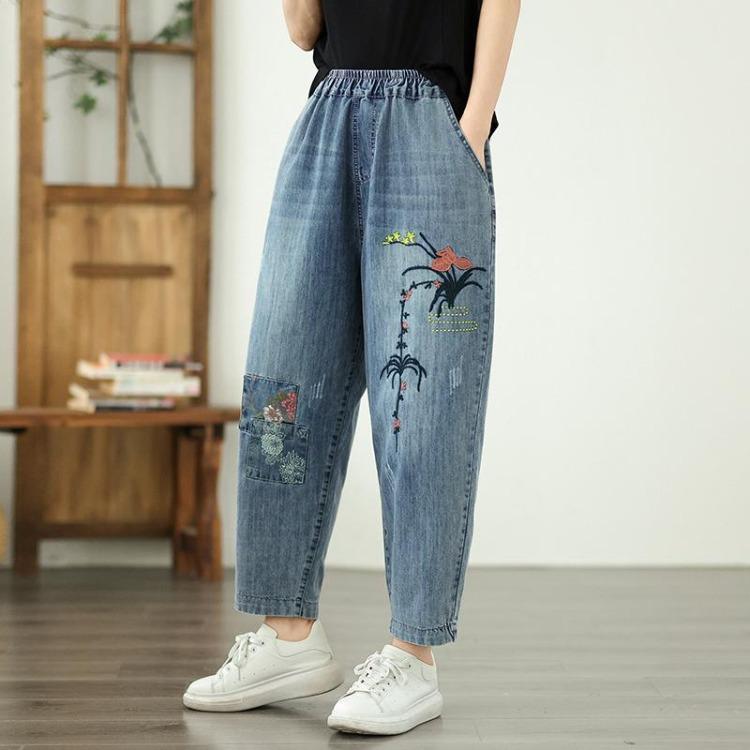 Summer Women Plus Size High Waist Loose Jeans Vintage Harem Pants Elastic Waist Patchwork