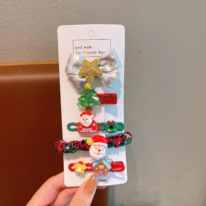 Christmas Special 5Pcs/Set Hair Accessories, Featuring Santa, Snowman, Elk Clips & Ties for Children