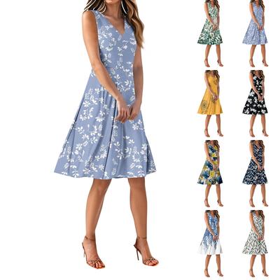 Damen Kleider mit Vier-Wege-Stretch, floral, ärmellos, V-Ausschnitt, tailliert