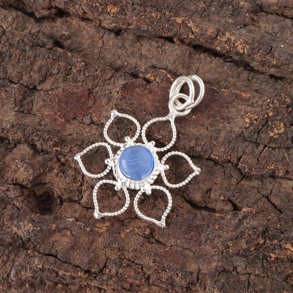 Dark Blue Cat'S Eye Gemstone 925 Sterling Silver Friend Gift Birthday Pendant PP-18-43