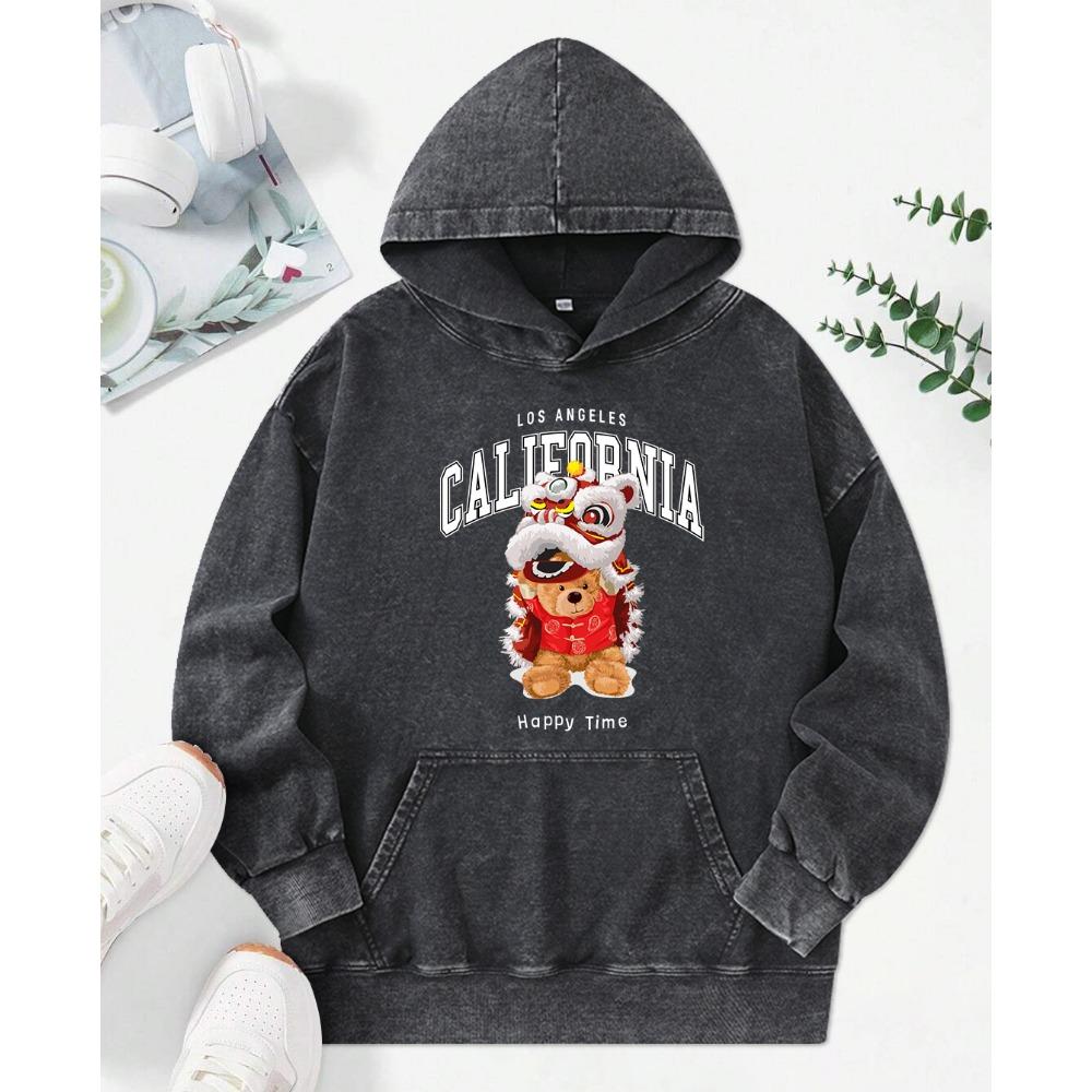 The Lion Dancing Bear Cute Print Women Washed Hoody Pocket Hoodie Soft Oversize Streetwear Comics Multicolor  Clothes