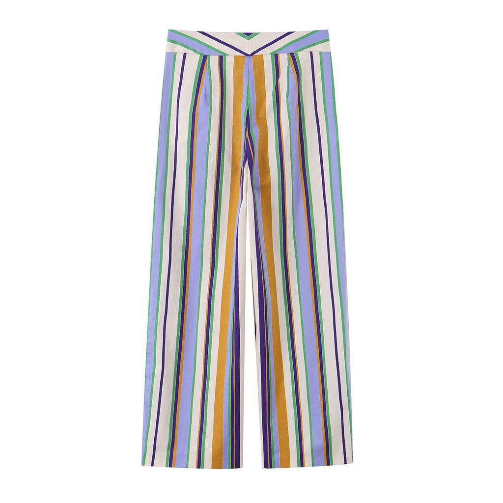 European and American style, wholesale women's clothing, fashionable versatile striped knot button top and trousers 2969329