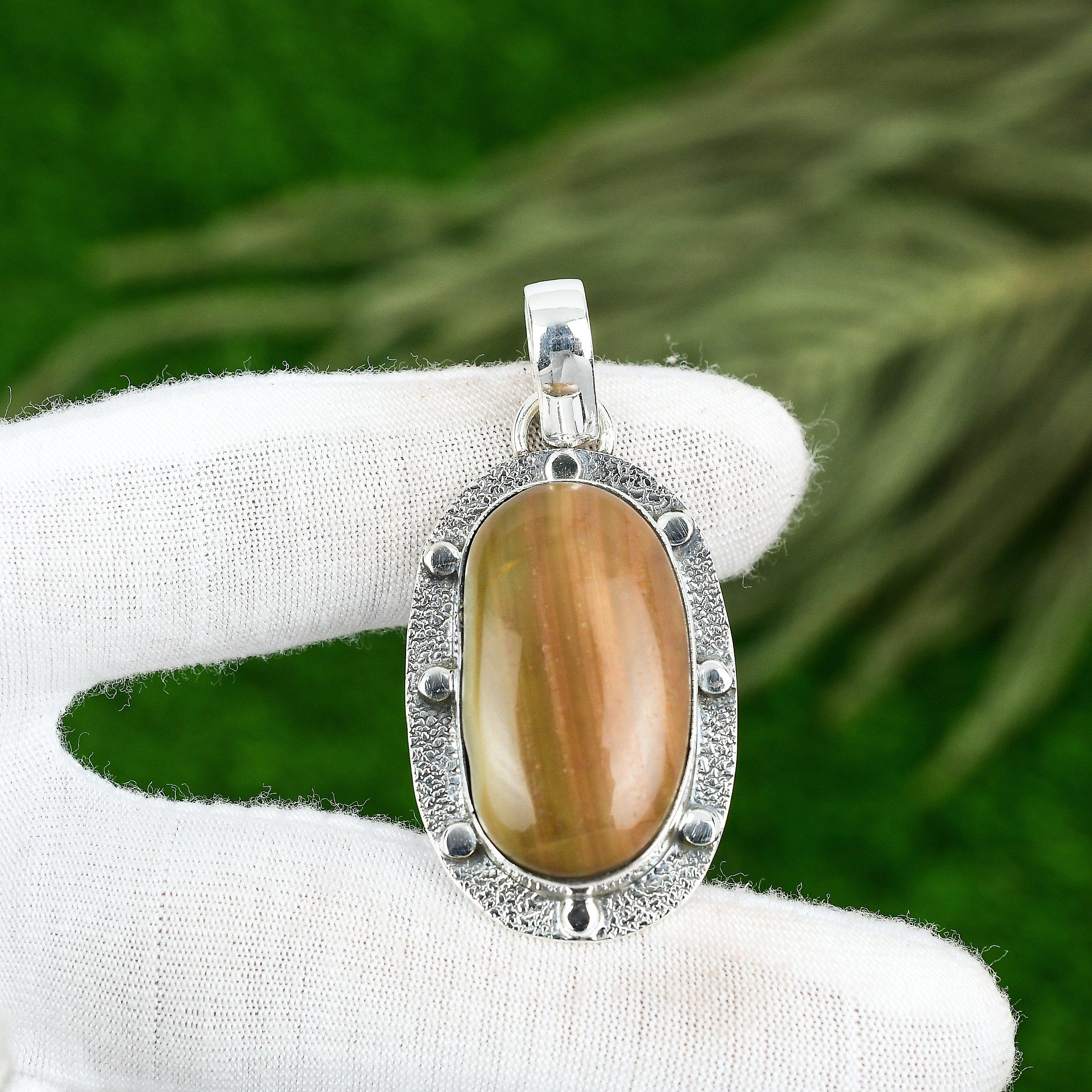 Oval Imperial Jasper Gemstone Sterling Silver Engagement Sister Bezel Pendant