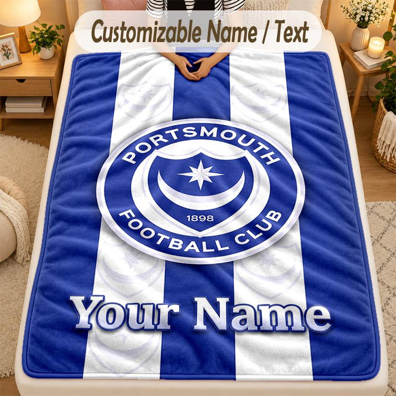 Flannel BlanketPortsmouth FC Custom Name Text Personalized Soft Warm Throw Blanket Home Decor Gift