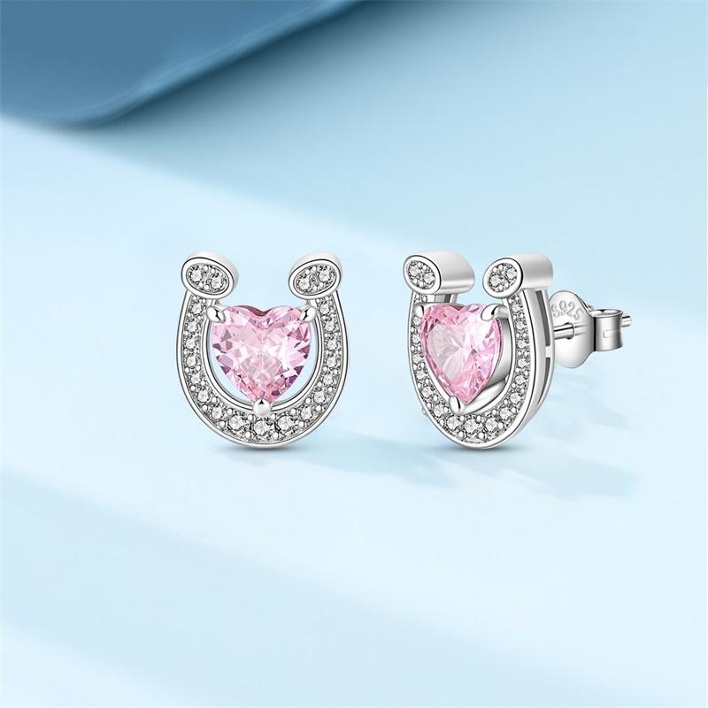 New 925 Silver Sparkling Pink Heart-Shaped Flower Women Earring Brilliant Wedding Engagement Star Earrings Jewelry Gift