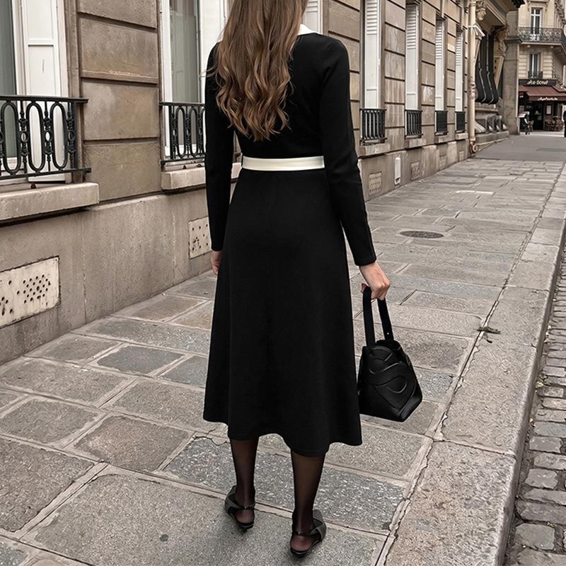 Women's Vintage Color Block V-Neck Knitted Midi Dress with Belted Waist for Spring and Autumn S-XL