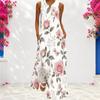 Women Plus Size Notch Neck Sleeveless White Blue Yellow Floral Printed A Line Long Maxi Dress