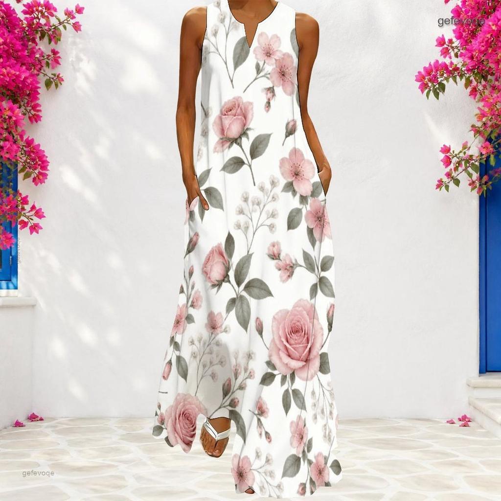 Women Plus Size Notch Neck Sleeveless White Blue Yellow Floral Printed A Line Long Maxi Dress