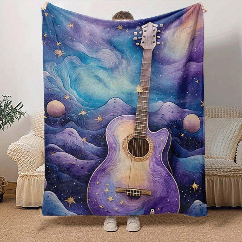 1pc Guitar Galaxy Printing Lightweight Flannel Blanket, Comfortable and Warm Blanket, for Camping Sofa Bed and Couch Office, Suitable for Gif