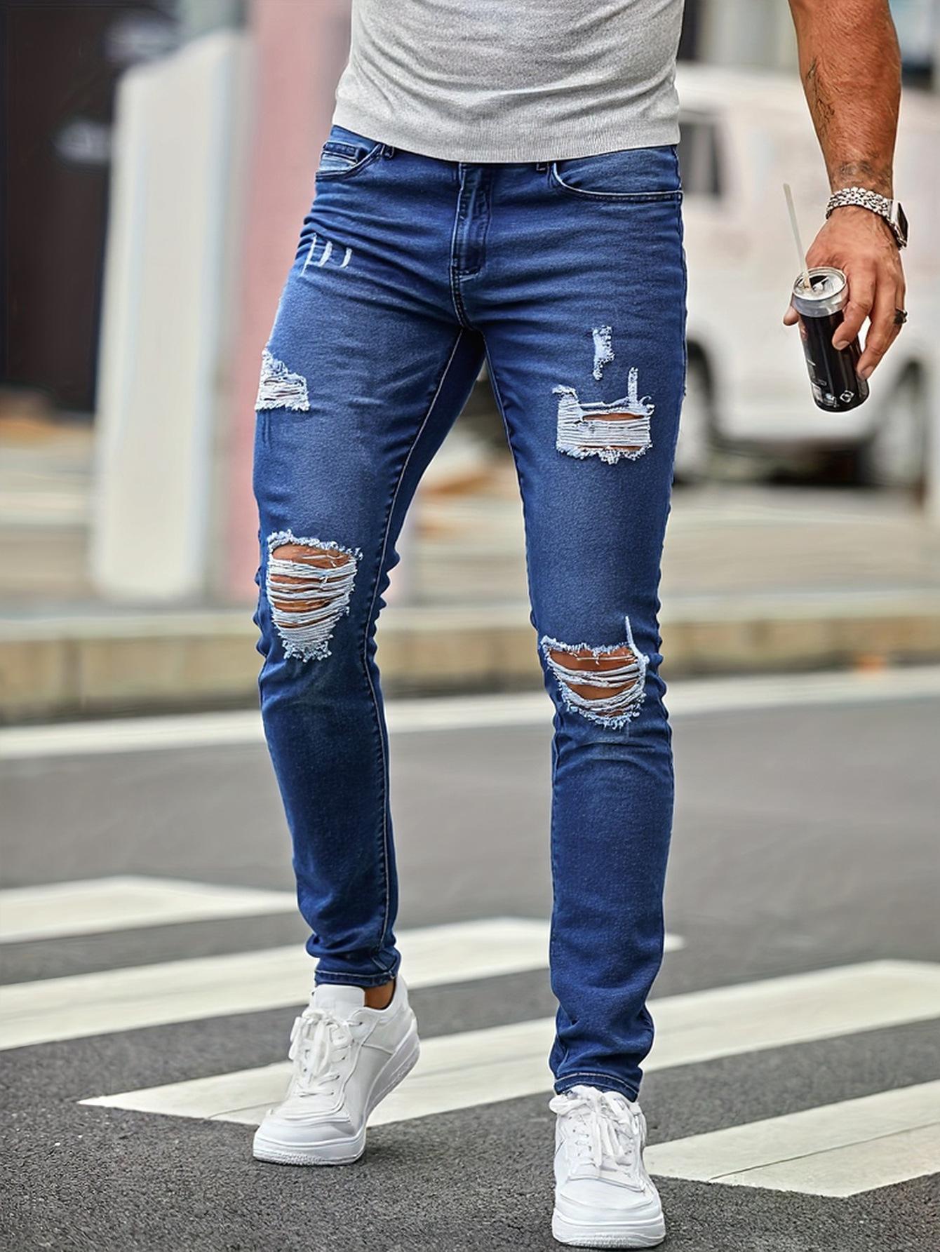 Ripped Slim Jeans Men S Stretch Pants Fashion Trend Blue Street Trend Skinny Wash XS синий
