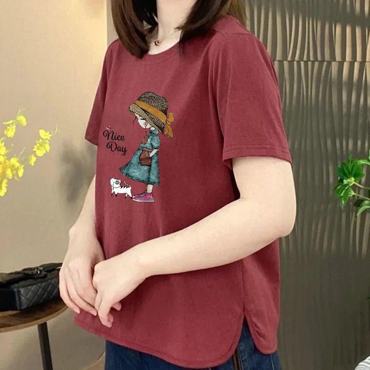 

Cross-Border Women s Cartoon Print Plus Size Slimming T-Shirt - Loose, Belly Covering, Short Sleeve Top L