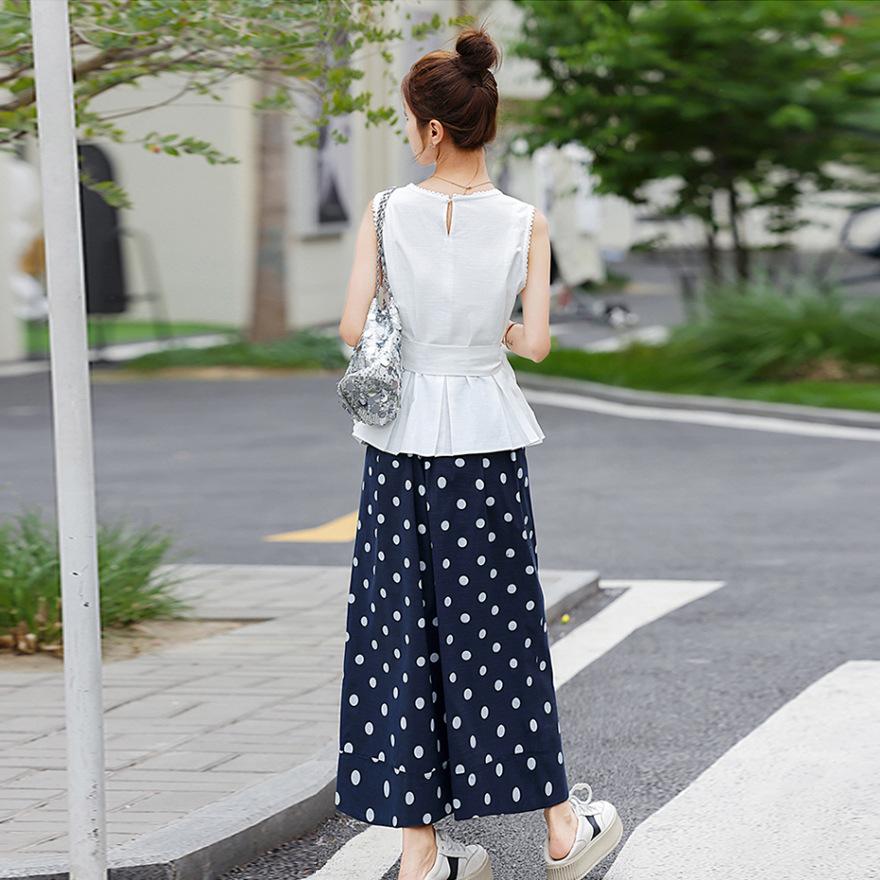 Summer wear a complete set of design suits, sleeveless waist top, polka dot wide-leg pants two-piece set