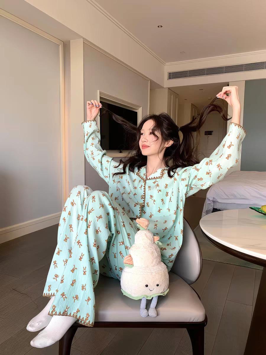 Shell cloud cotton bear Korean premium edge pajamas women s spring and autumn cardigan long-sleeved trousers set M