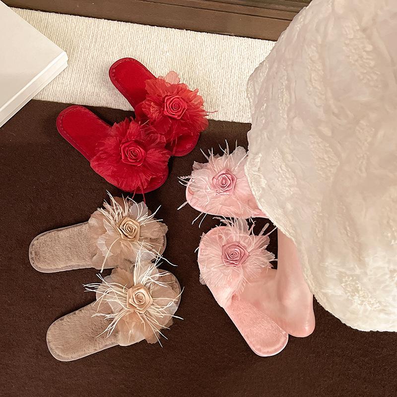 Fashion Fairy Style Plush Shoes Women's 2025 Autumn Winter Fashion Flower Warm Slippers Comfortable Short Plush Slides Pink Red Khaki