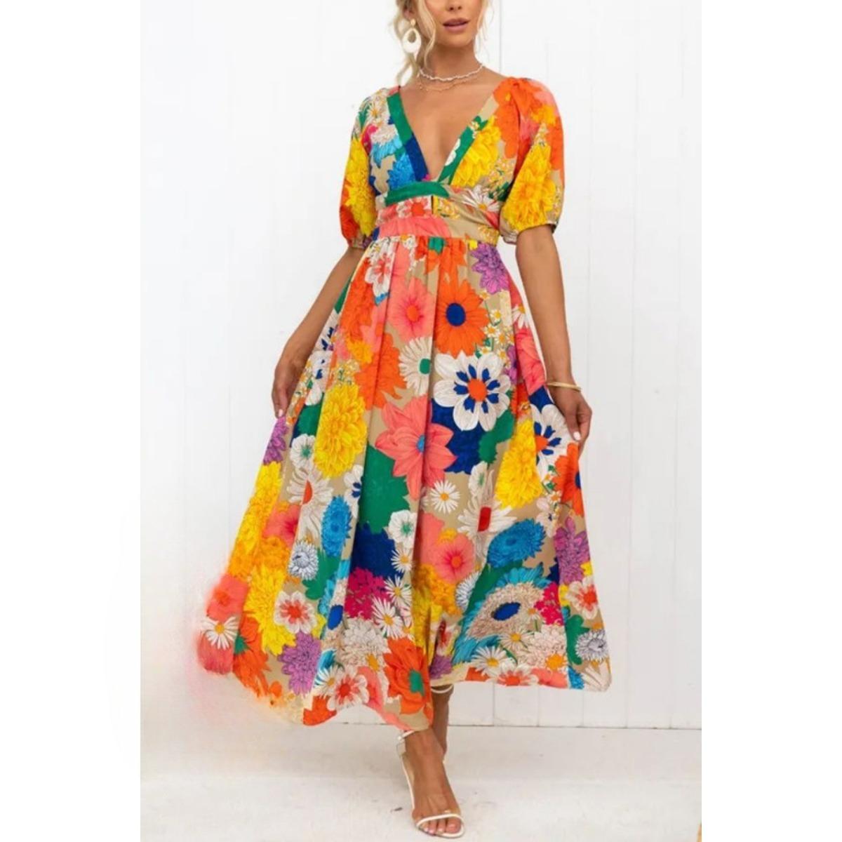 Women s V Neck Short Sleeve Floral Midi Dress A-Line Mid Rise Vacation Style Maxi Dress With Puff Sleeve S