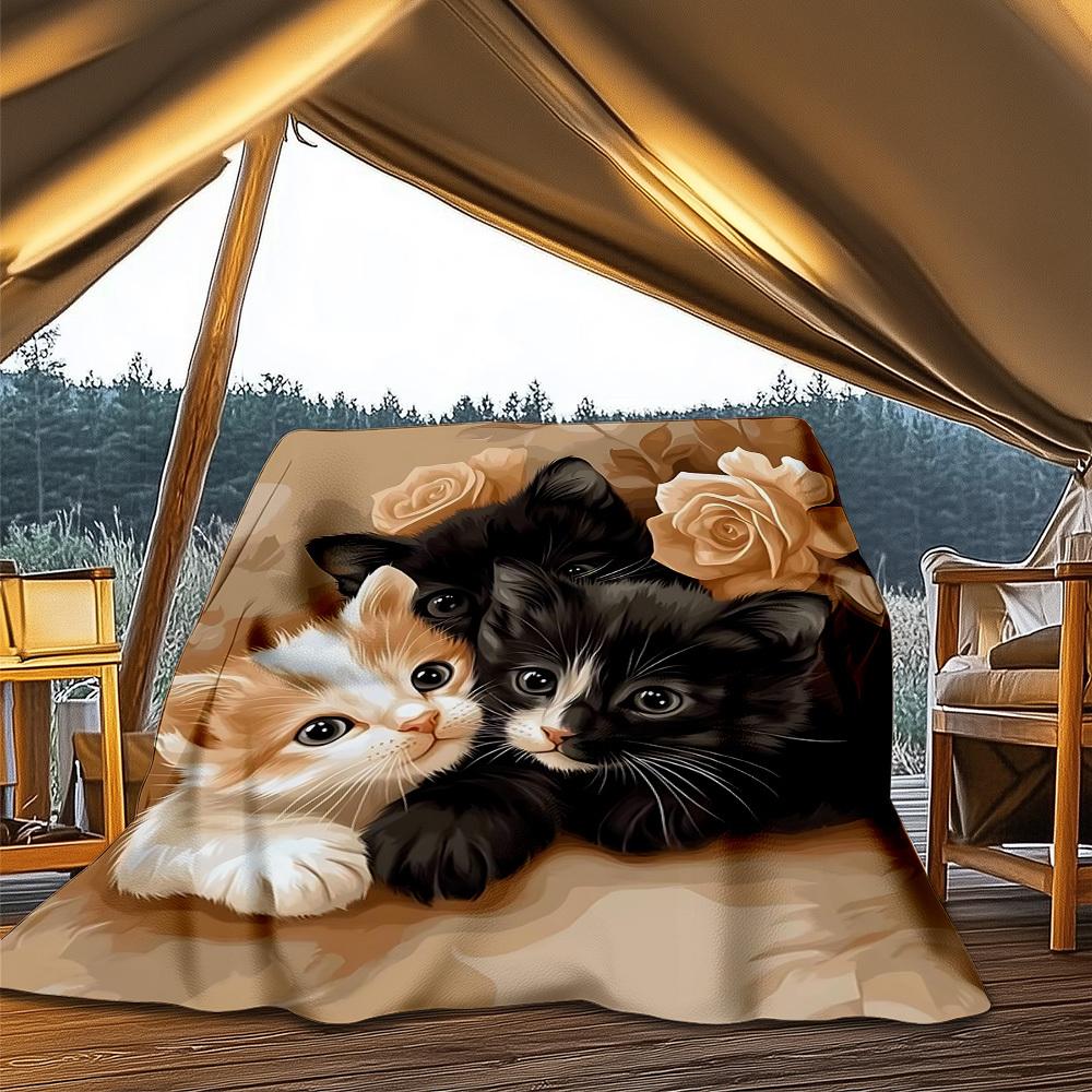 1pc Kitten Roses Outdoor Flannel Blanket , Machine Washable Perfect Gift for Birthday , Holiday Travel Accessory , Durable Material