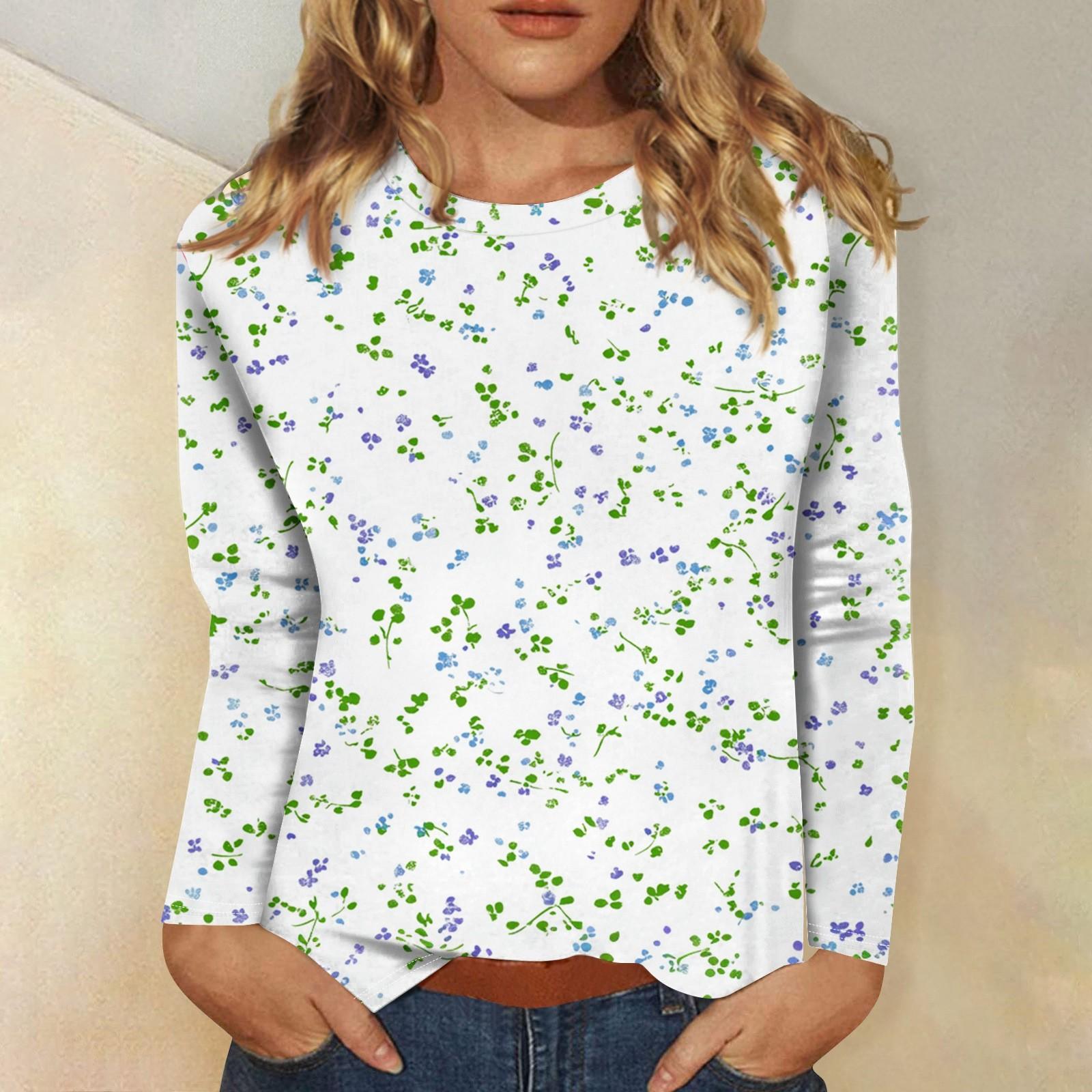 

Женская мода повседневная с длинным рукавом и цветочным принтом с круглым вырезом XL белый