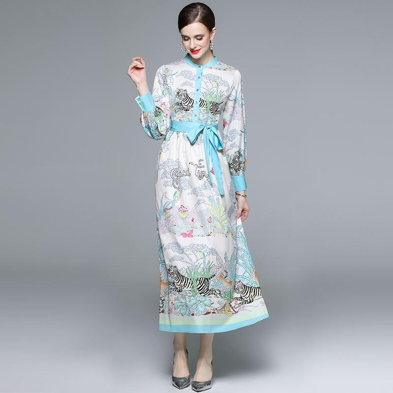 Spring Autumn Women Designer Vintage Print Runway Dress O-neck Long Maxi Party Shirt Dresses