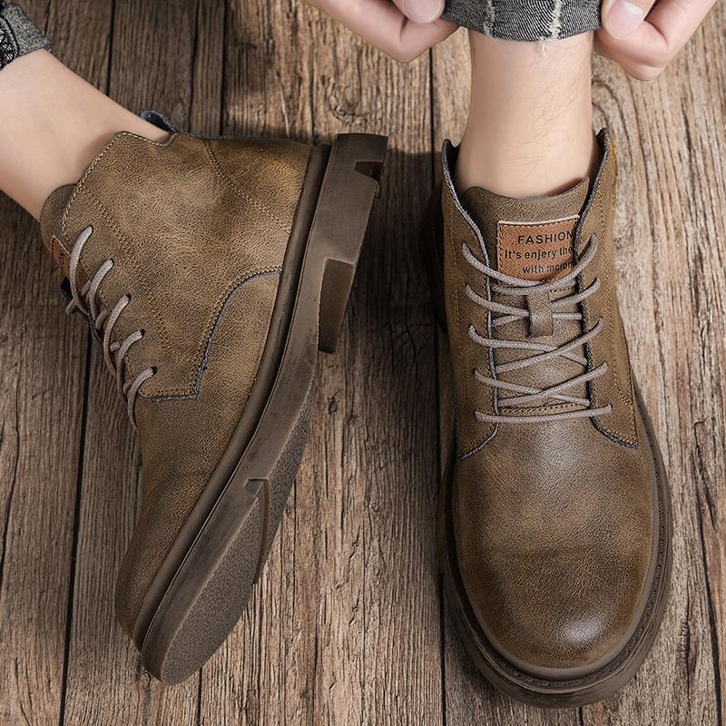 New Classic Comfortable Round Head Men's Fashion Work Shoes Breathable Lace-up Solid High Quality Wear Resistant Short Boots
