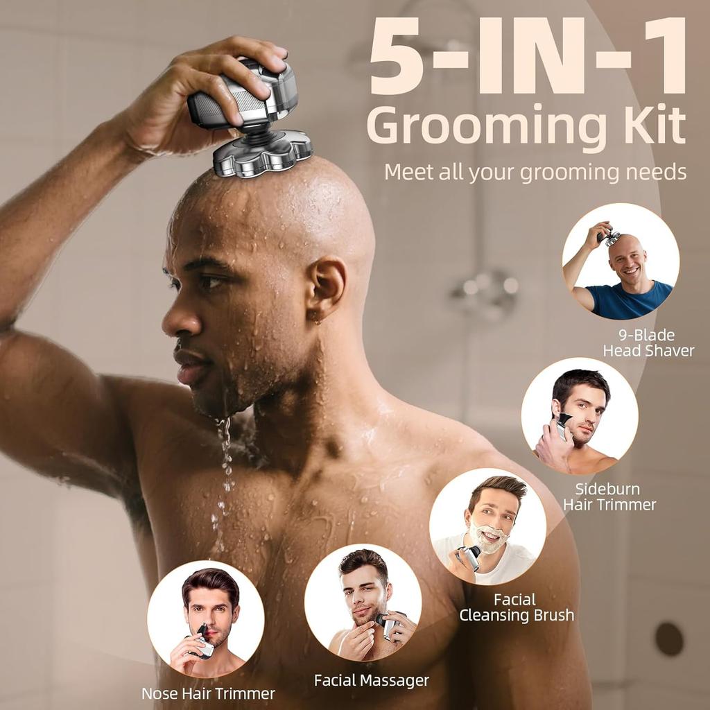 9D Head Shavers for Bald Men, 5 In 1 Detachable Head Shaver with LED Display, IPX7 Waterproof Rechargeable Electric Shavers for Men Grooming Kit