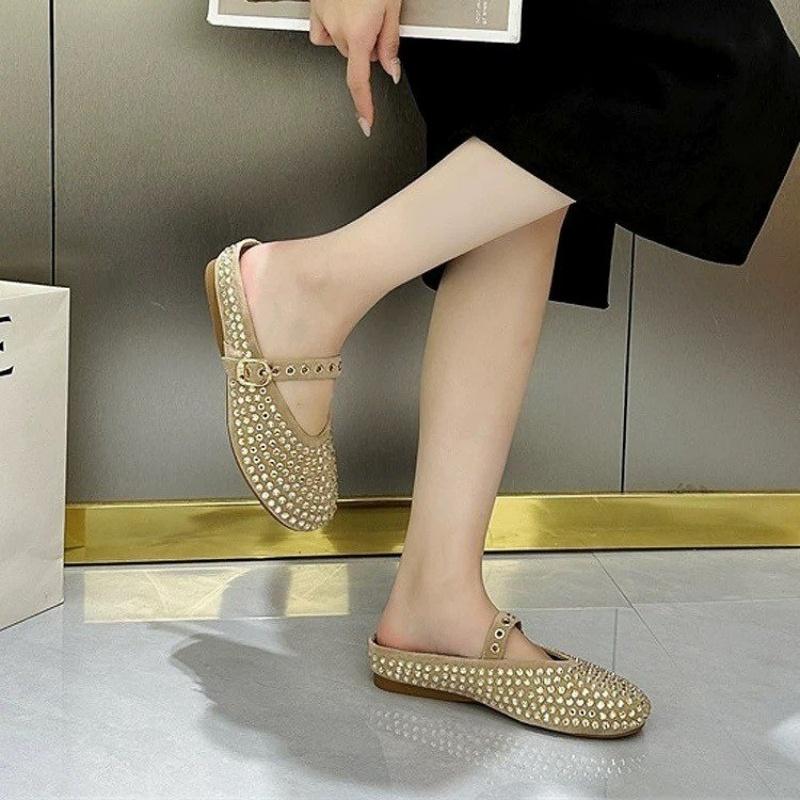 Fashion Vintage Rhindiamonds Soft Bottom Mary Jane Baotou Half Slippers Women 2025 New Spring Wear Lazy Sandals