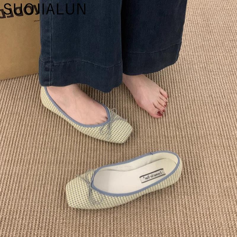 Mode SUOJIALUN Printemps Nouvelles Chaussures Plates pour Femmes Mode Bout Rond Peu Profondes Slip On Ballerines Talon Plat Souple Extérieur Robe Ballerines