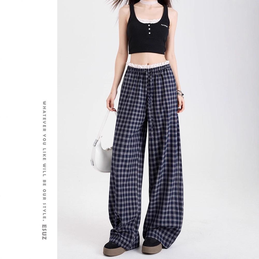 Women's High Waist Wide Leg Pants Straight Leg Trousers Plaid Print Lace Patchwork Casual Loose Fit Long Trousers For Summer Daily Wear