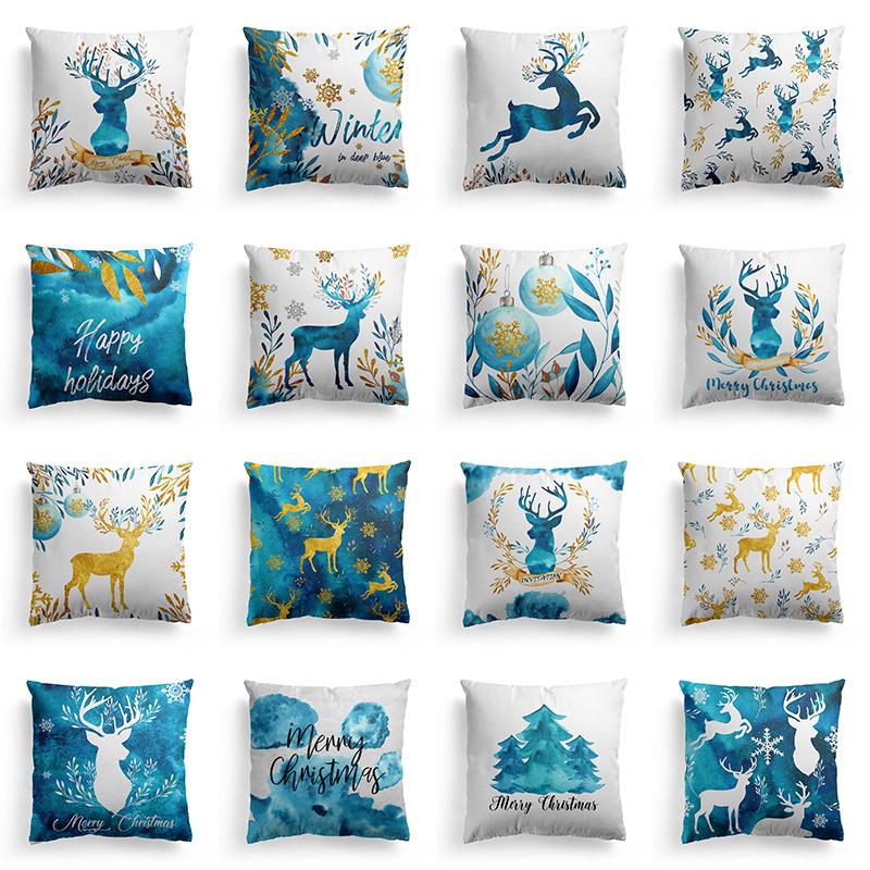 Christmas New Fashionable Blue Watercolor Elk Pillowcase, Holiday Home Fresh and Warm Pillow Cushion Cover