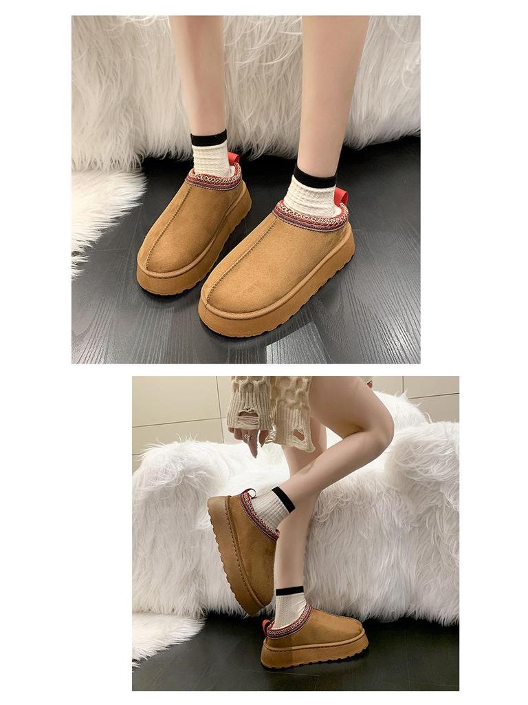 Cizme de zăpadă pentru femei cu garnitură de blană 2023: Papuci de exterior cu talpă groasă, de toamnă/iarnă, cu vârf semiacoperit și căptușeală de catifea
