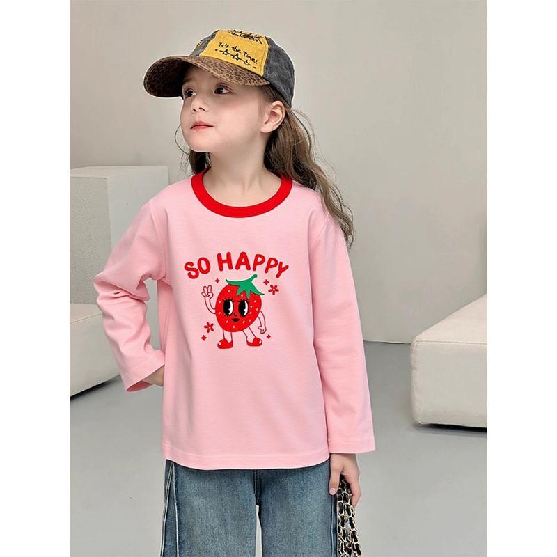 Brand Children's Clothing Pure Cotton Cartoon Strawberry Print Long-Sleeve T-Shirt 2026 Spring Base Shirt for Baby Girls